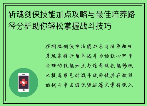 斩魂剑侠技能加点攻略与最佳培养路径分析助你轻松掌握战斗技巧